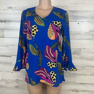 Caleesa Blue Multicolor Abstract Tunic Top Small Boho Art to Wear Bell Sleeves